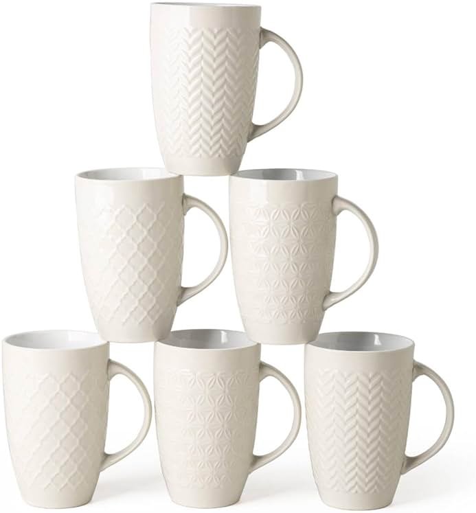 AmorArc Extra Large Coffee Mugs Set of 6, 20oz Ceramic Tall Coffee Mugs Set with Textured Geometric Patterns for Coffee/Tea/Beer/Hot Cocoa, Dishwasher & Microwave Safe,Beige - Product Image