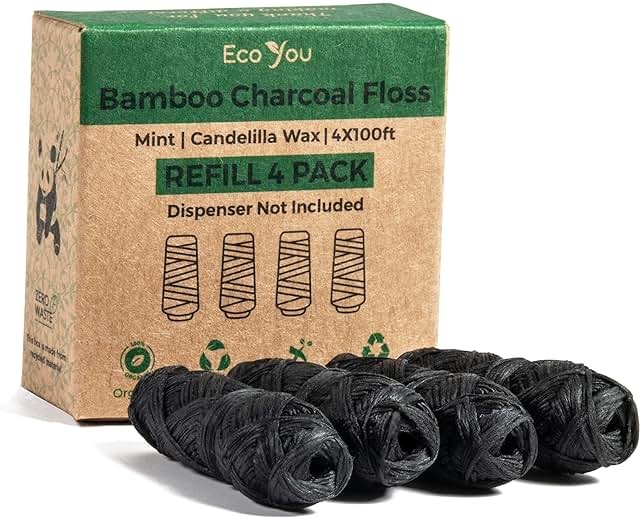 EcoYou Bamboo Charcoal Dental Floss | Mint & Candelilla Wax | Vegan & Biodegradable (4 Refills Pack) | Pfas Free - Product Image