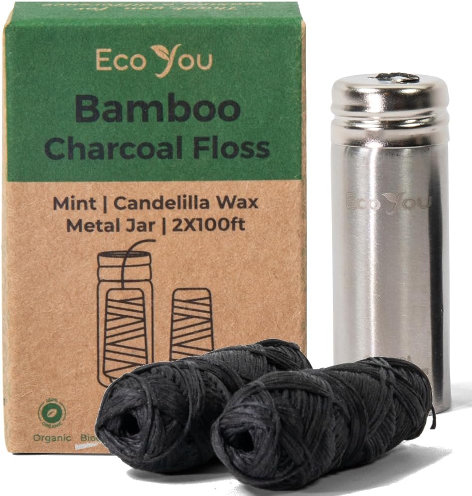 EcoYou Charcoal Bamboo Floss | 2 Non Toxic Natural Floss Refill with Metal Container | Organic Mint & Candelilla Wax | Vegan & Biodegradable | Compatible w/Similar Dental Floss Silk Refill Containers - Product Image
