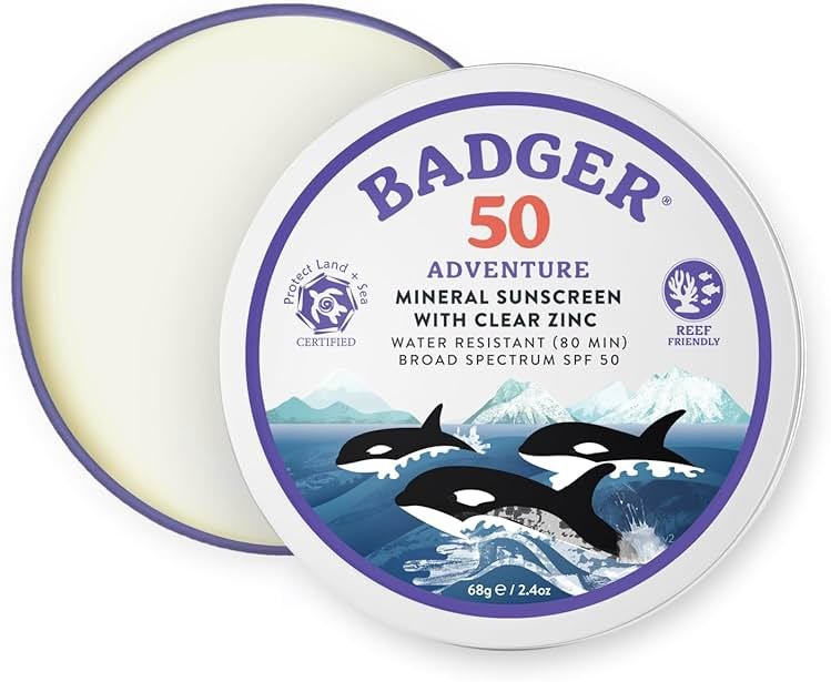 Badger Reef Safe Mineral Sunscreen, SPF 50, 98% Organic with Zinc Oxide, Non Toxic, Water Resistant, Unscented & Hypoallergenic, Broad - Spectrum, For Adventure, Travel & Sport, 2.4 oz Tin - Product Image