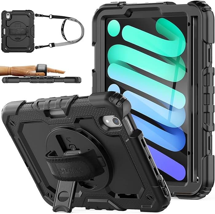 SEYMAC stock Case for iPad mini 7 (A17 Pro) 2024/ Mini 6 8.3'' with Screen Protector Pencil Holder [360 Rotating Hand Strap] &Stand, Drop-Proof Case for iPad mini 7th/6th Generation 8.3", Black - Product Image