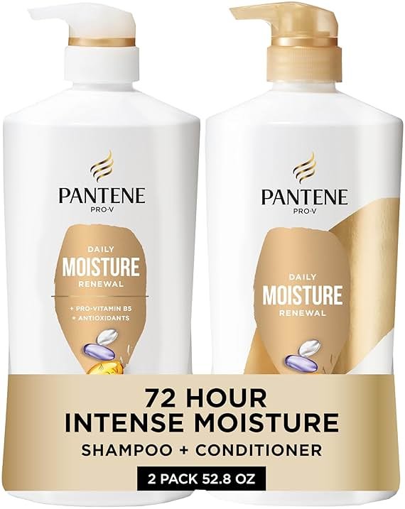 Pantene Shampoo & Conditioner Set, Daily Moisture Renewal - Pro-V Nutrients for Dry, Color-Treated, Straight to Curly Hair, 72-Hour Hydration & Softness, 52.8 Oz Total + Miracle Rescue Shot (0.5 Oz) - Product Image