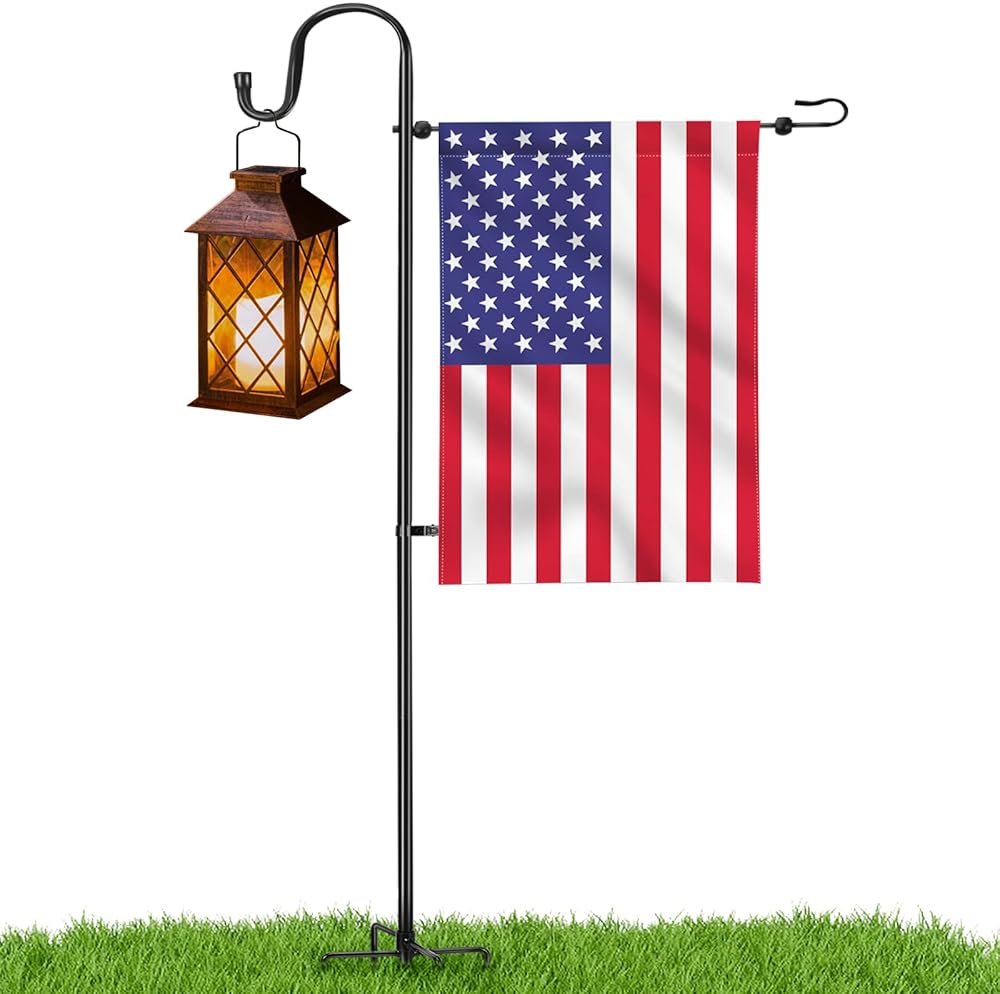LOPANNY Garden Flag Stand - Upgraded Garden Flag Pole with Shepherd Hooks for 12 x 18 Flag, 45IN Yard Flag Holder Stand for Small Flags(Without Solar Lights & Flag) - Product Image
