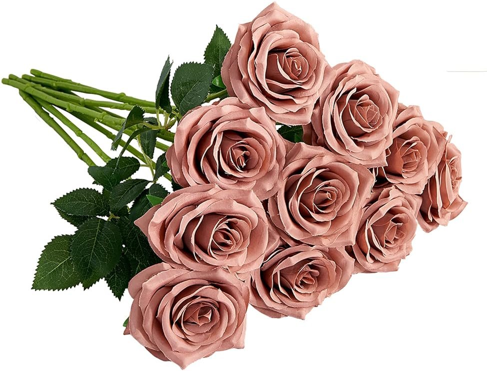 IUKnot Artificial Rose 10pcs Open Flower Bouquet Faux Rose Stems for Wedding Arrangement, Bridal Bouquet, Centerpiece, Fake Faux Silk Flowers (Dusty Rose) - Product Image