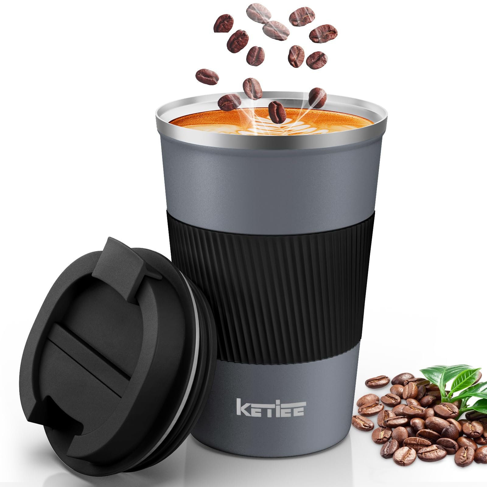 KETIEE Travel Coffee Mug Spill Proof 12oz, Insulated Reusable Coffee Cups with Seal Lid, Vacuum Stainless Steel Travel Mug to Go Car Tumbler for Hot/Iced Drinks (Grey) - Product Image
