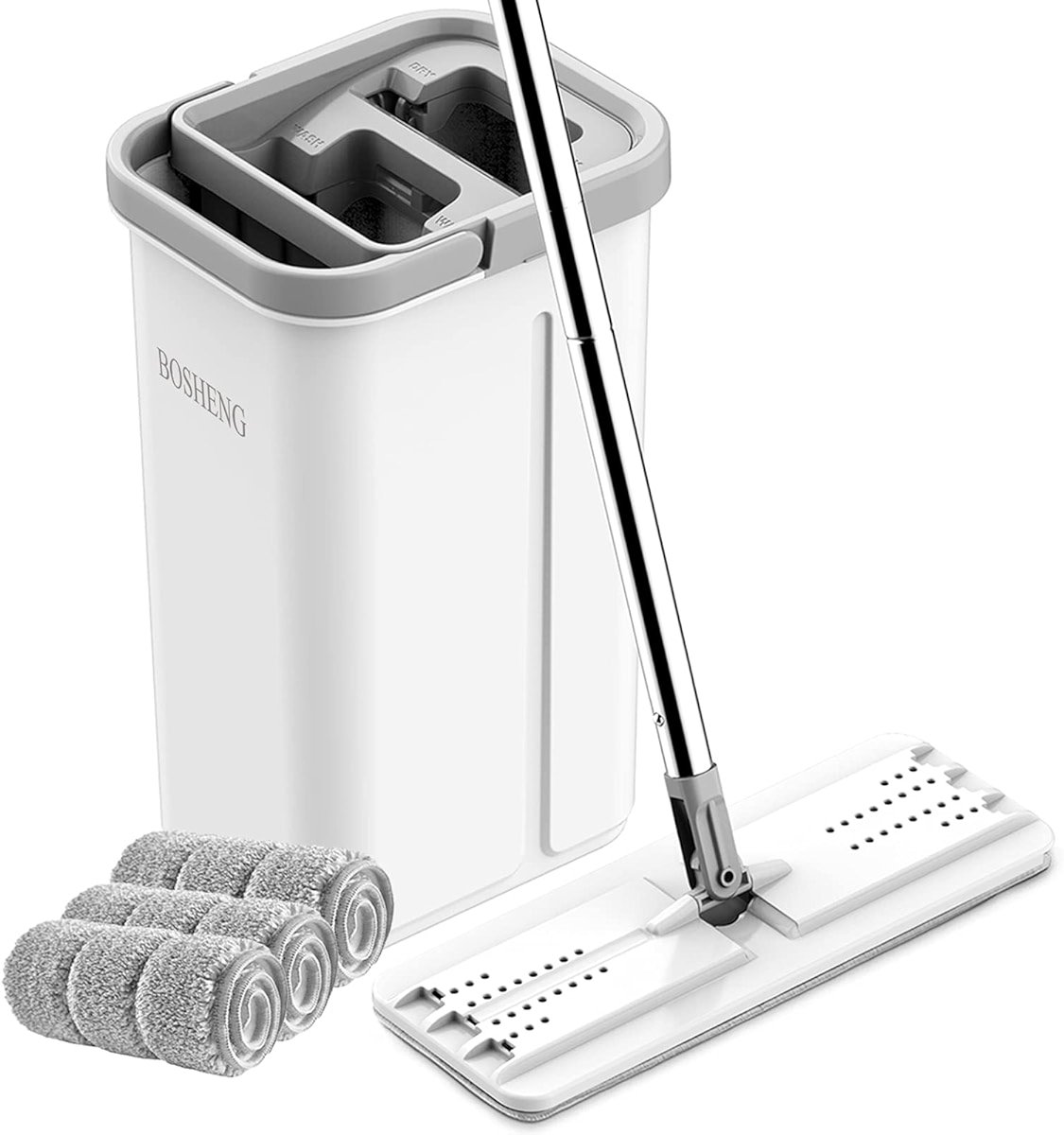 BOSHENG Mop and Bucket with Wringer Set, Hands Free Flat Floor Mop and Bucket, 3 Washable Microfiber Pads Included, Wet and Dry Use, Home Floor Cleaning System for All Floor Types and Windows - Product Image
