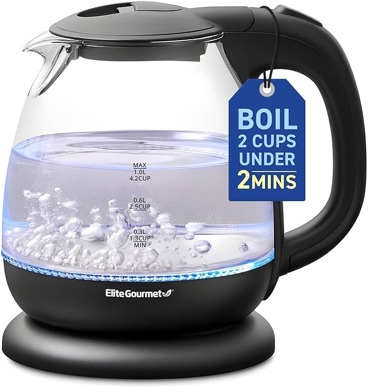 Elite Gourmet EKT1001B Electric 1.0L BPA-Free 1100W Glass Kettle Cordless 360° Base, Stylish Blue LED Interior, Handy Auto Shut-Off Function – Quickly Boil Water For Tea & More, Graphite Black - Product Image