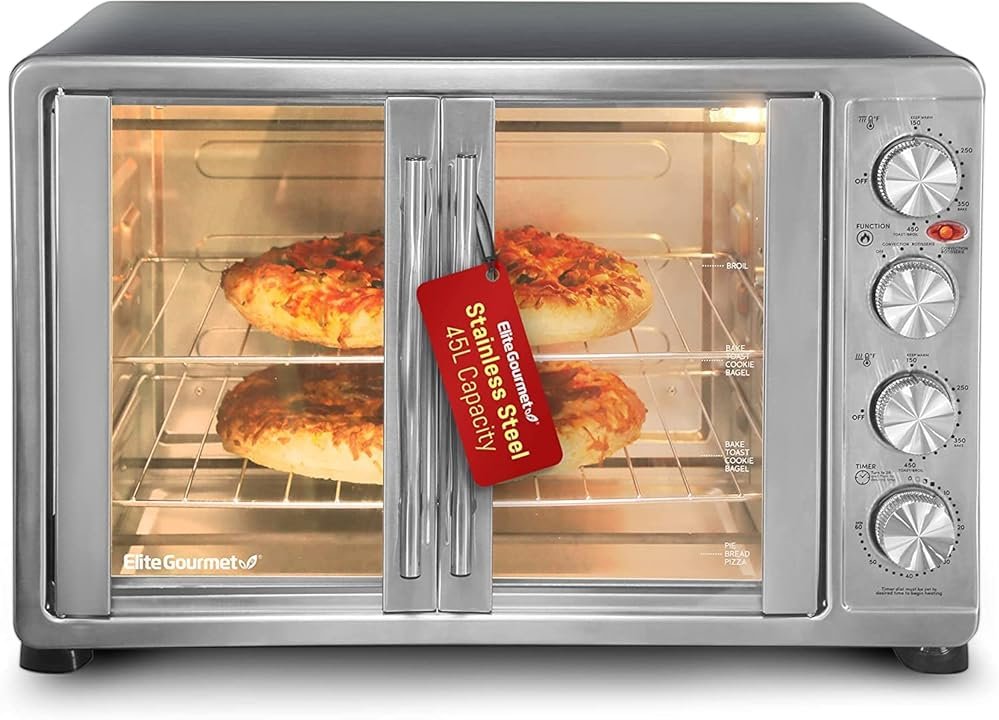 Elite Gourmet ETO4510MX French Door 47.5Qt, 18-Slice Convection Oven 4-Control Knobs, Bake Broil Toast Rotisserie Keep Warm, Includes 2 x 14" Pizza Racks, Stainless Steel - Product Image