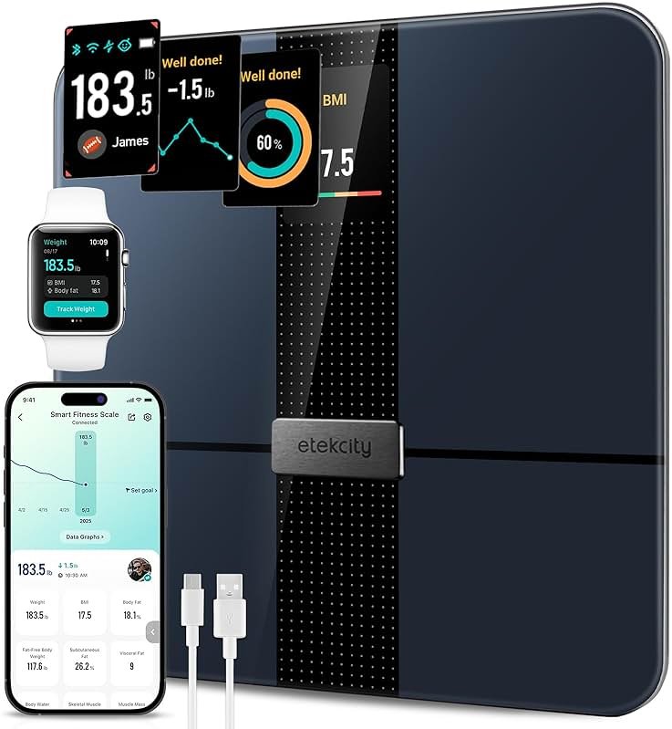 Etekcity FSA&HSA Eligible Smart Scale for Body Weight Fat, Digital Weighing Machine for Accurate BMI Muscle Mass Composition, Apple Health Compatible Fitness Equipment,TFT,‎Tempered Glass,Black - Product Image