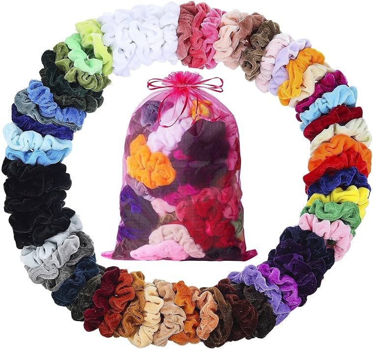 ADRIONE Velvet Scrunchies for Women, Girls & Kids 60 Bulk Pack, Soft Hair Scrunchie Hair Ties Scrunchy for Thick, Curly, Medium, Thin, Fine Hair, No Damage & Non Slip, Colorful Hair Accessories - Product Image
