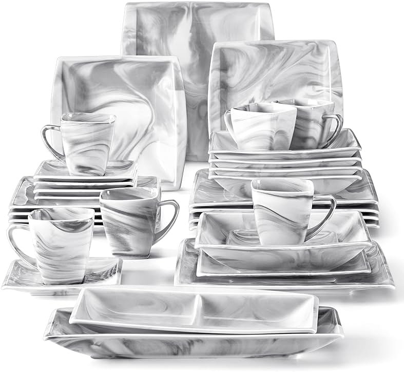 MALACASA Dinnerware Sets, 32 Pieces Porcelain Plates and Bowls Sets for 6, Marble Grey Dishes with Plates and Bowls, Cups and Saucers, Side Dish Plates, Square Dinner Set, Series Blance - Product Image