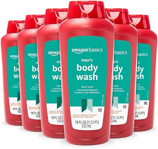 Amazon Basics Men's Body Wash, Sport Scent, Paraben and Phthalate Free, Refreshing Clean, 18 Fluid Ounce, 6-Pack - Product Image