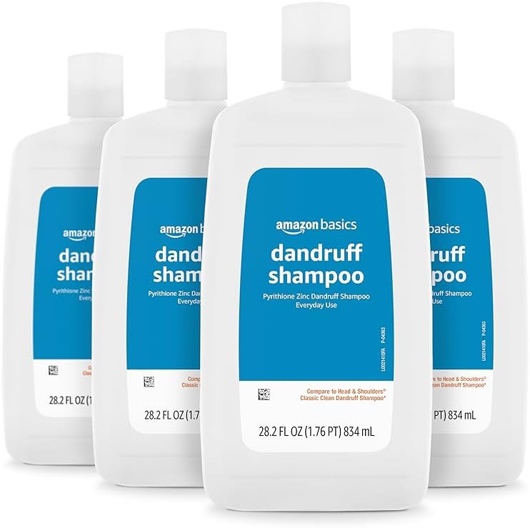 Amazon Basics Anti-Dandruff Shampoo for Itchy Scalp, Flaky and Dry Scalp, pH Balanced, Paraben-Free, Clean Scent, Normal to Oily Hair, 28.2 Ounce, 4-Pack - Product Image