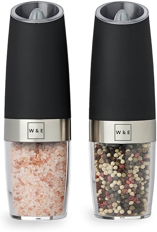 Willow & Everett Electric Salt and Pepper Grinder Set - 2 Battery-Operated, Automatic Salt and Pepper Shakers - Black and Stainless Steel Gravity Electric Salt Grinder & Pepper Mill for Seasoning - Product Image