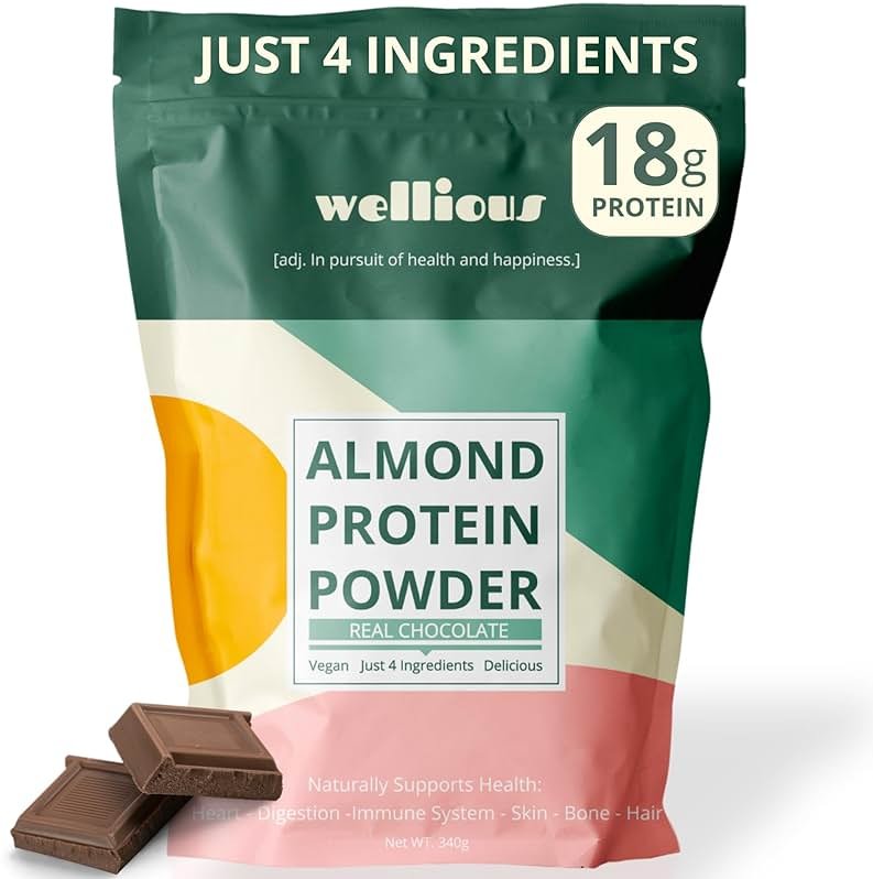 wellious Almond Protein Powder (Chocolate) - 18 Grams of Pure Healthiest Vegan Protein for Women & Men - Perfect Soy-Free & Smooth Gut Friendly Protein Powder for Sports Nutrition - Product Image
