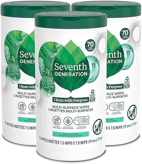 Seventh Generation Multi-Surface Wipes, 70 Count, Pack of 3, Garden Mint, Plant-Based Cleaning Wipes, No Harsh Fumes or Residue, Safe Around Kids - Product Image