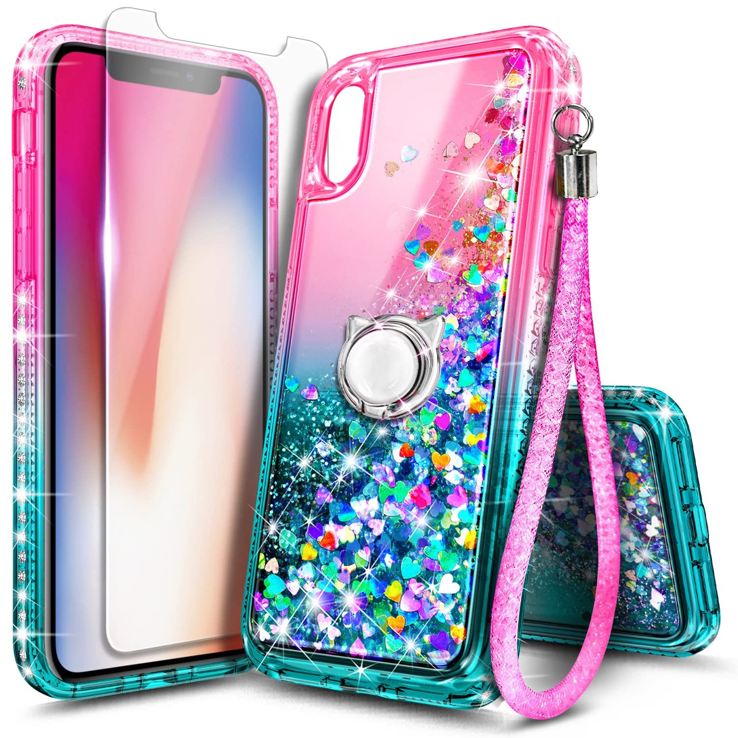 NGB Designed for iPhone XR Phone Case, Pink/Aqua | Glitter Liquid Sparkle Cute Cover for Women Girls Kids | with Tempered Glass Screen Protector & Ring Holder & Wrist Strap Lanyard - Product Image