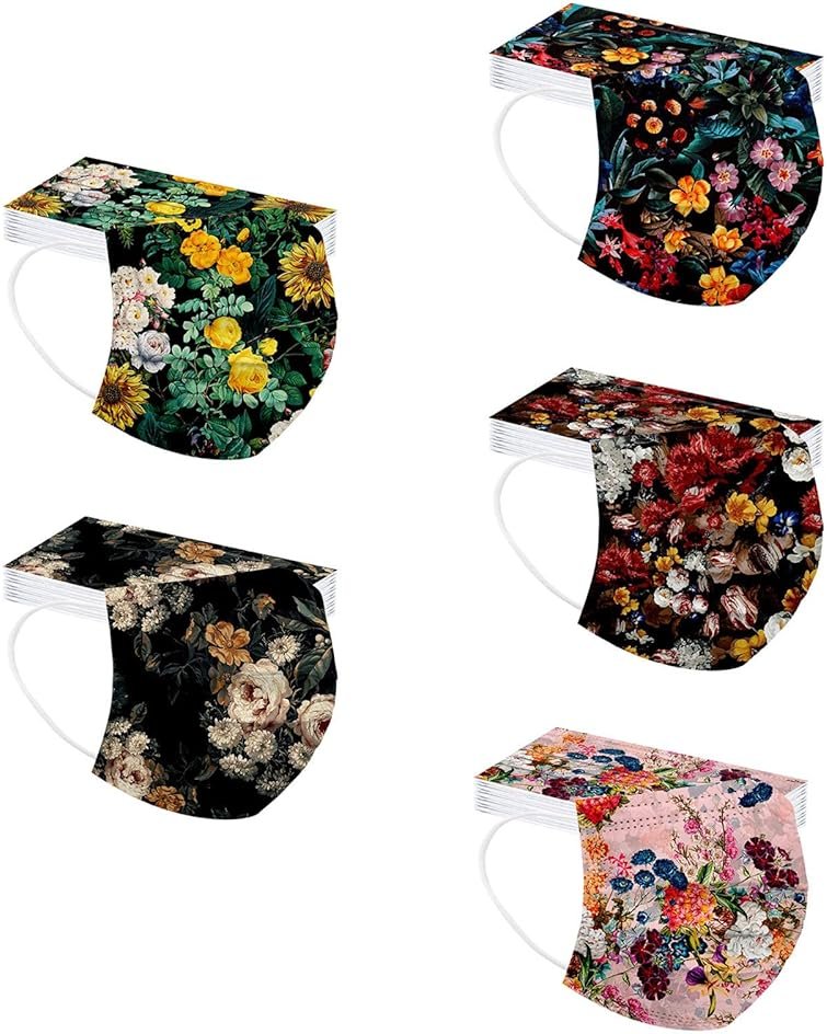 50PC Flower Disposable Face_Masks for Women, 3-Ply Colorful Floral Breathable Face_Mask with Nose Wire, Protective Facemask with Printed Design for Adults Holiday Party - Product Image