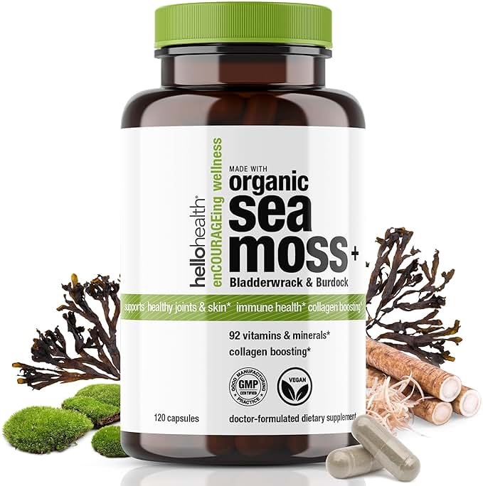 HELLO HEALTH Irish Sea Moss Capsules Wildcrafted Sea Moss, Burdock Root & Bladderwrack Prebiotic Super Food for Immune Support, Thyroid Support, Natural Energy, -120 Caps - Product Image