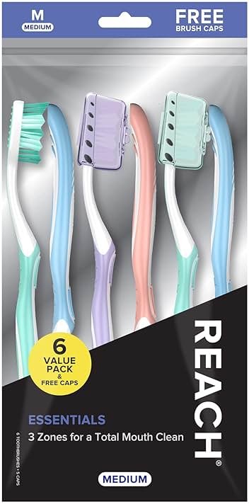 Reach Essentials Toothbrush with Toothbrush Covers, Multi-Angled Medium Bristles, Contoured Handle, Tongue Scraper, 6 Count - Product Image