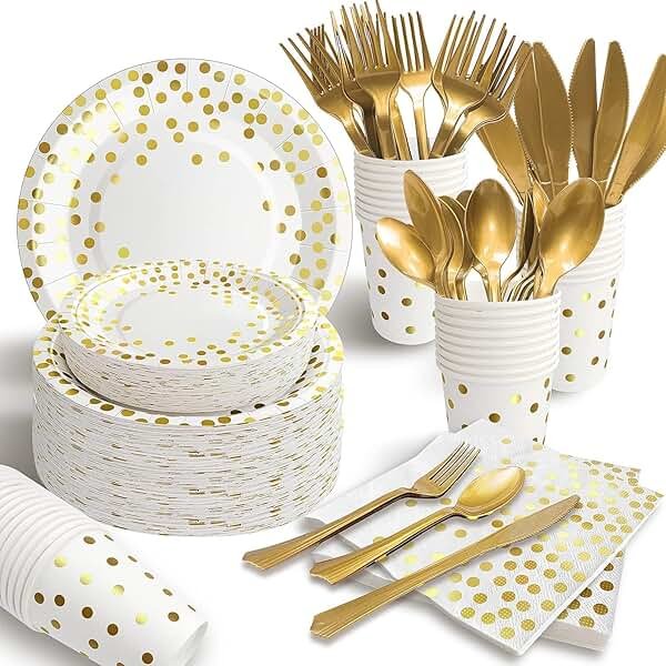AIRE 175PCS White and Gold Paper Plates Party Supplies for 25 Guests Disposable Party Decorations Dinnerware Golden Dot Paper Plates Napkins Cups Gold Plastic Forks Knives Spoons for Wedding Birthday - Product Image