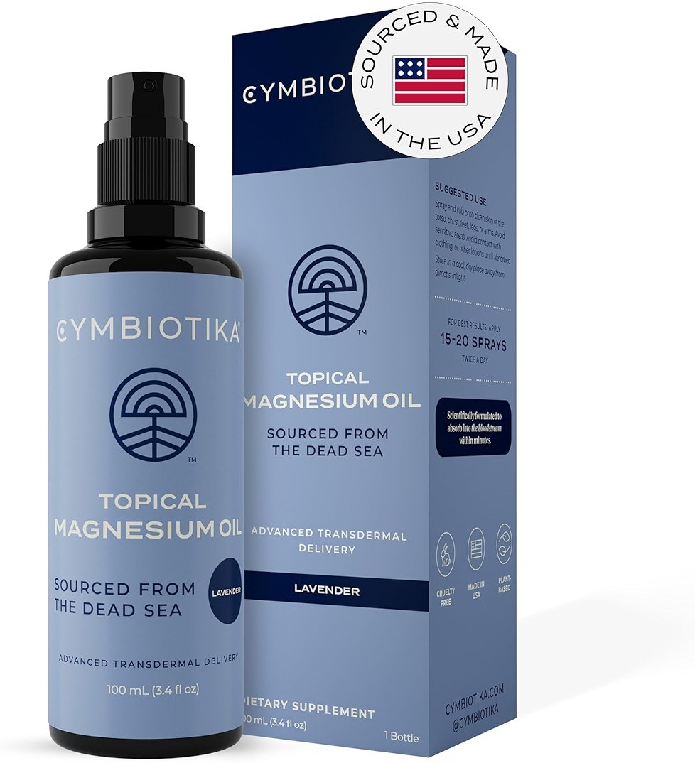 CYMBIOTIKA Topical Magnesium Oil Spray for Body, USA Made, Supplement for Leg Cramps, Muscle, Joint Health & Sleep Support, Includes Magnesium Chloride, Lavender Extract, Aloe Vera - Skin Applicator - Product Image