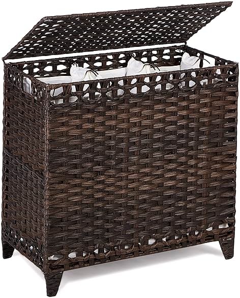 Laundry Hamper with 3 Removable Liner Bags; 132L Handwoven Rattan Laundry Basket with Lid & Heightened Feet; Clothes Hamper with Side Handles; Laundry Sorter with 3 Separate Sections - Product Image