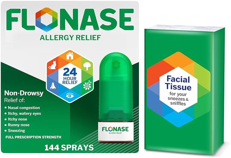 Flonase Allergy Relief Nasal Spray Fluticasone Propionate, 24-Hour Non-Drowsy Multi-Symptom Relief 144 Sprays, Bonus Pack of Tissues - Product Image