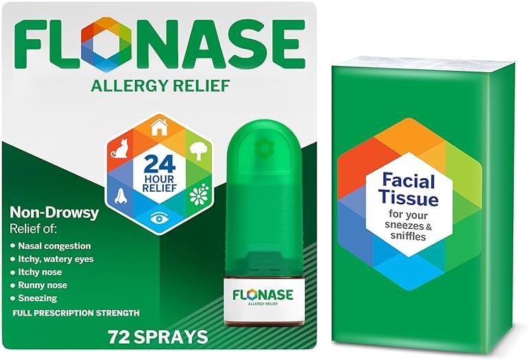 Flonase Allergy Relief Nasal Spray, 24-Hour Non-Drowsy Multi-Symptom Relief - 72 Sprays plus Bonus Pack of Tissues - Product Image
