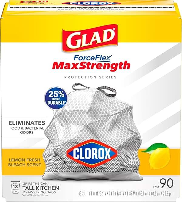 Glad Tall Kitchen Trash Bags 13 Gallon, MaxStrength Lemon Fresh Bleach Garbage Bags, Drawstring, 90 Count - Product Image