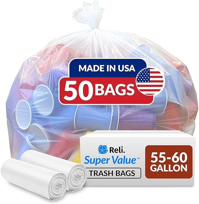 Reli. 55-60 Gallon Trash Bags Heavy Duty | 50 Trash Bags with Ties | Super Sizeable, Clear, Serious Garbage Cleanup - Product Image