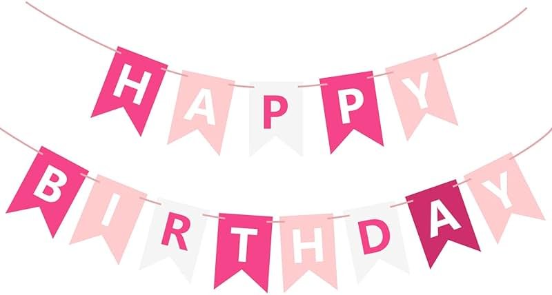 Waenerec Pink Happy Birthday Banner Sign Happy Birthday Bunting Banner Garland for Kids Girls Baby 1st Birthday Tea Party Decorations Bunting Flag Birthday Party Supplies - Product Image