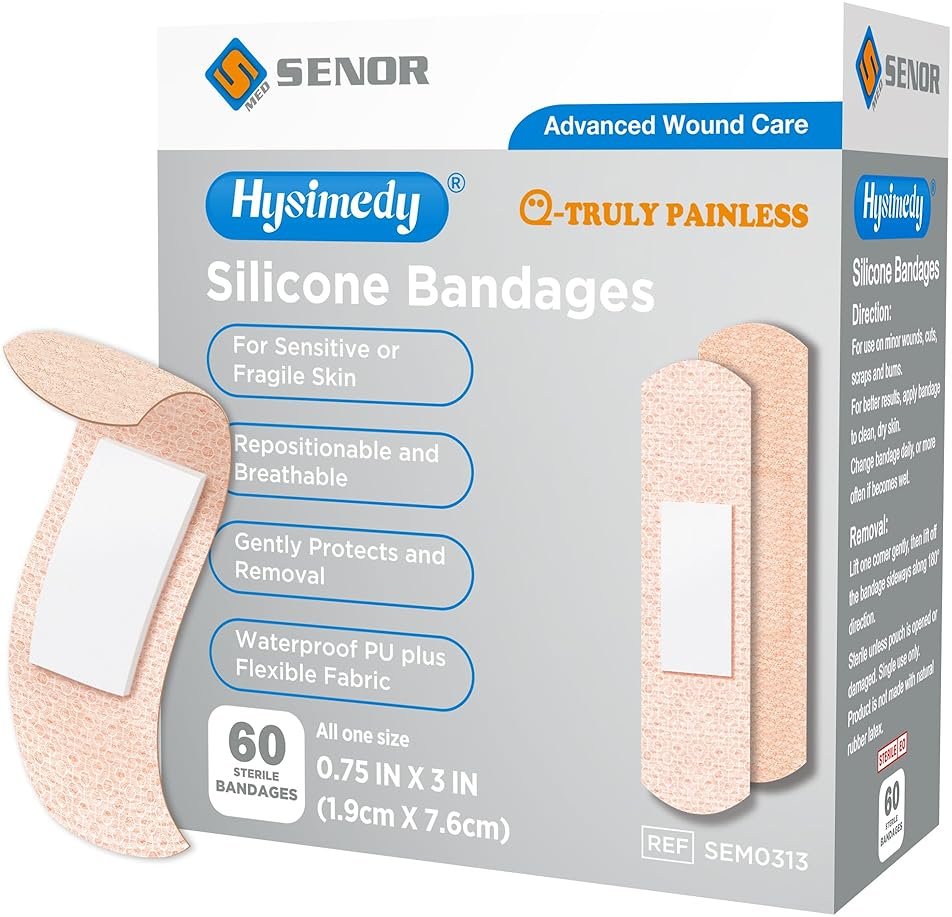 Hysimedy Silicone Bandages for Sensitive Fragile Skin 3/4"x3" 60 Count Flexible Fabric Latex Free Hypoallergenic Breathable Small Bandages for Wounds Easy Painless Removal for Geriatric and Children - Product Image