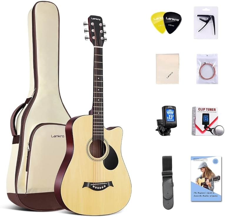 Lankro 38 in Guitar Acoustic Guitar Beginner kit Adult Cutaway Acoustic Guitar Guitarras Starter Set Bundle with Padded Gig Bag, Strap, Capo, Strings, Picks - Product Image