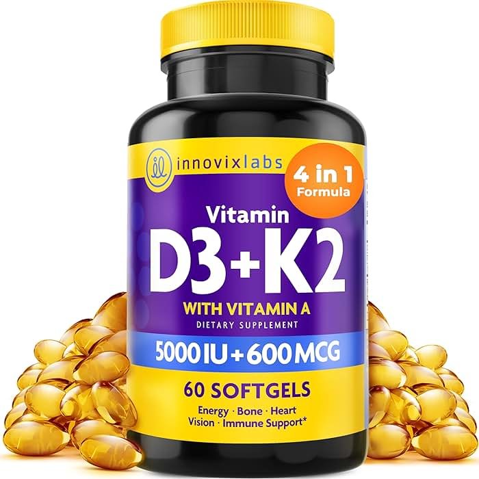 InnovixLabs Vitamin D3 K2-5000 IU Vitamin D3 Plus 600 mcg Vitamin K2 MK4 and MK7 for Max Calcium Absorption, Supports Bone, Immune, Heart Health, 3rd Party Tested, Gluten Free, 60 Softgels - Product Image