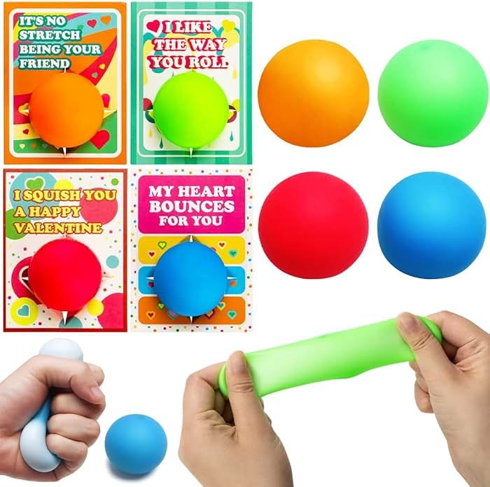 JOYIN 28 Packs Valentines Day Gift Cards with Stress Ball Set Stretchy Squishy Toy Balls Sensory Squishy Toys Stress Relief Toys for Kids Classroom Exchange Prizes, Valentine Party Favor - Product Image