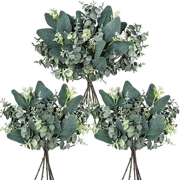 Winlyn 20 Pcs Mixed Artificial Oval Eucalyptus Leaves Bulk with White Seeds Stems and Spray for Vase Floral Wreath Bouquets Wedding Greenery Decoration - Product Image