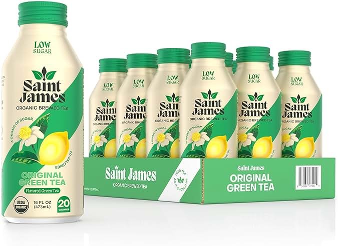 Saint James Iced Tea - Organic Green Tea - Non GMO, Gluten Free, Low Calorie & Low Sugar - Original Green Tea, 12 Pack (16 fl oz each) - Product Image