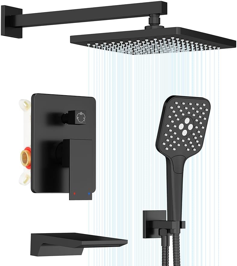 Gabrylly Shower System with Tub Spout, Wall Mounted Tub Shower Faucet Set for Bathroom with High Pressure 10" Rain Shower head and 3-Setting Handheld Shower Head Set,Matte Black - Product Image