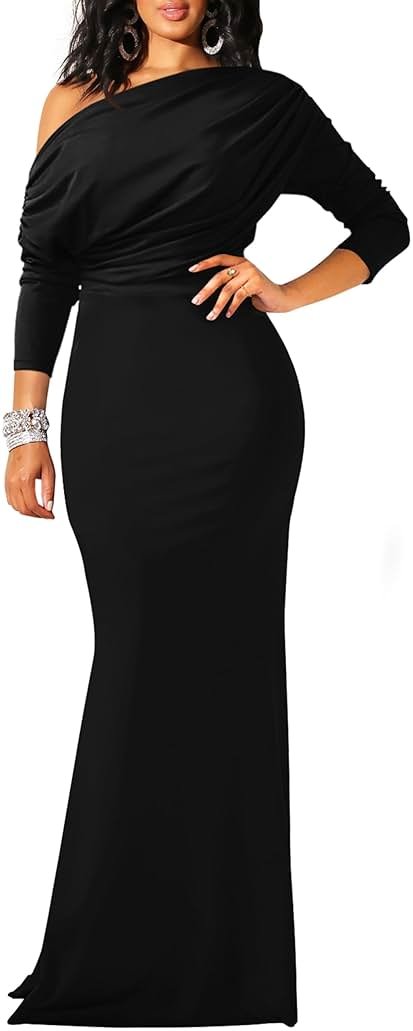 YMDUCH Women's Sexy Elegant Long Sleeve Off Shoulder Bodycon Long Evening Formal Dress - Product Image