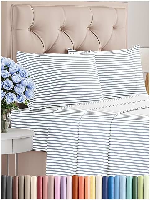 Queen Size 4 Piece Sheet Set - Comfy Breathable & Cooling Sheets - Hotel Luxury Bed Sheets for Women & Men - Deep Pockets, Easy-Fit, Soft & Wrinkle Free Sheets - Blue Stripes Oeko-Tex Bed Sheet Set - Product Image