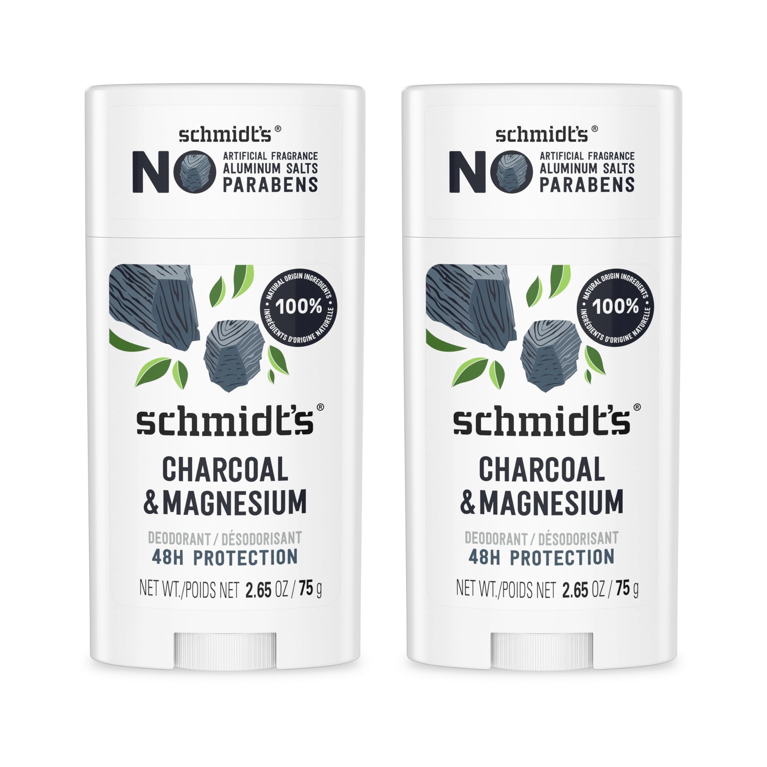 Schmidt's Aluminum-Free Vegan Deodorant Charcoal & Magnesium with 48 Hour Odor Protection, 2 Count for Women and Men, Natural Ingredients, Cruelty-Free, 2.65 oz, Pack of 2 - Product Image