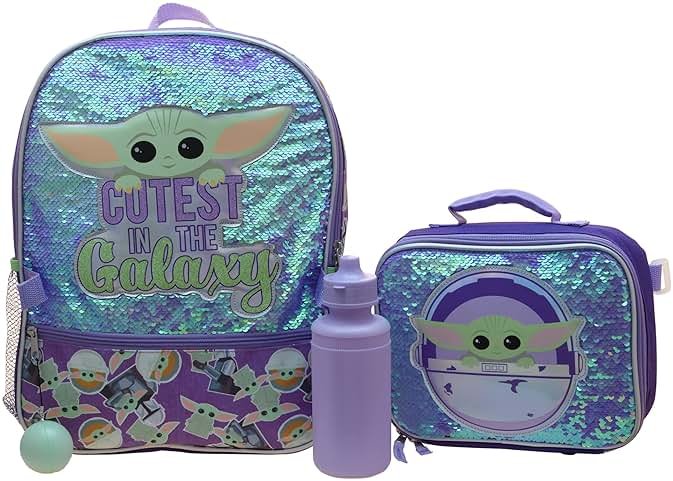 Disney’s Mandalorian Baby Yoda Girls 4 Piece Backpack set, Flip Sequin School Bag with Front Zip Pocket, Mesh Side Pockets, Insulated Lunch Box, Water Bottle, and Squish Ball Dangle, Purple - Product Image