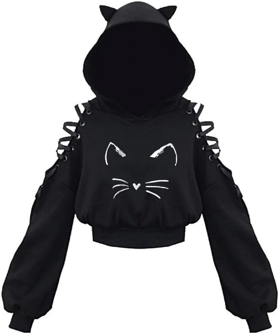 Women's Cat Ear Hoodie Pullover Long Sleeve Off Shoulder Cute Crop Top Hoodies Sweatshirt - Product Image