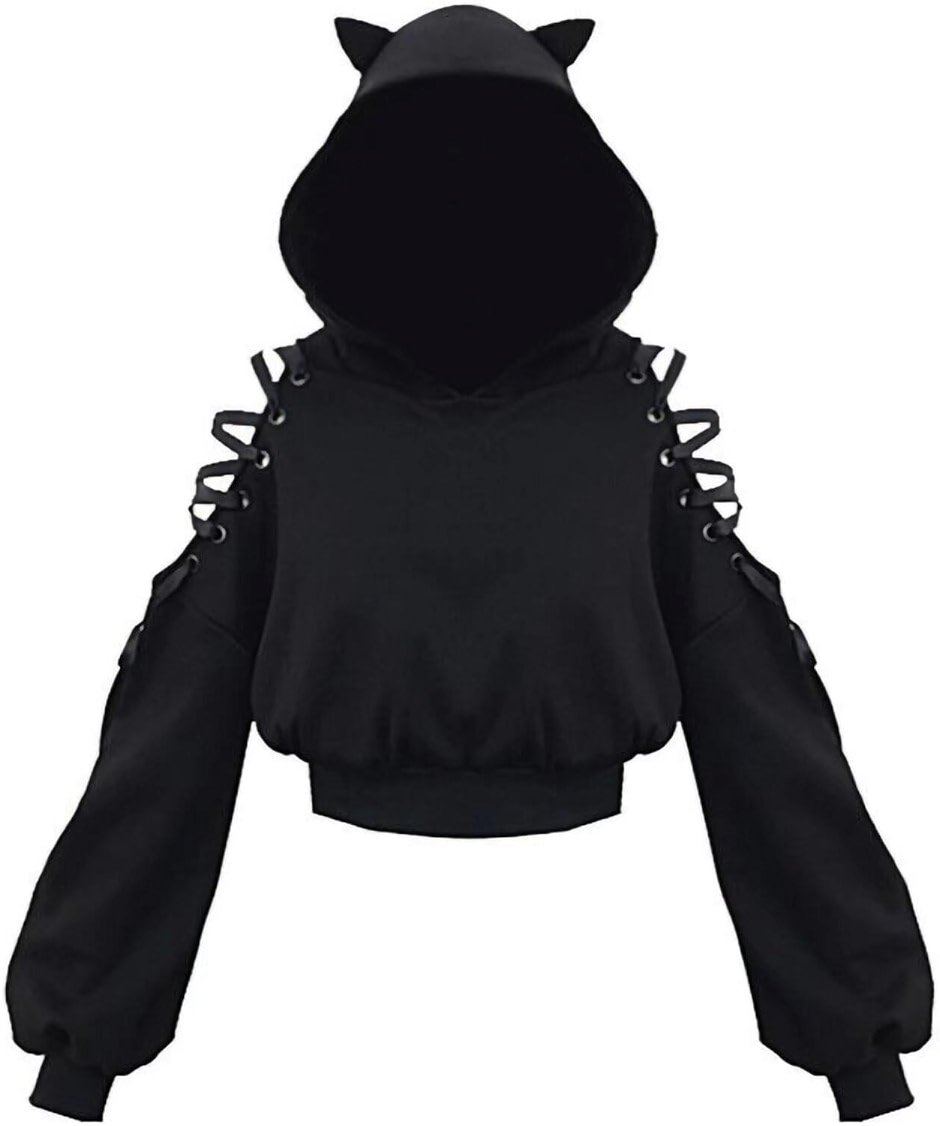 Women's Cat Ear Hoodie Pullover Long Sleeve Off Shoulder Cute Crop Top Hoodies Sweatshirt - Product Image