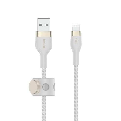 Belkin BoostCharge Pro Flex Braided USB A to Lightning Cable 2M/6.6FT - MFi Certified 20W Power Delivery iPhone Charger Cord - Apple Charger USB A Cable - Fast Charging - iPhone 14, iPhone 13 - White - Product Image