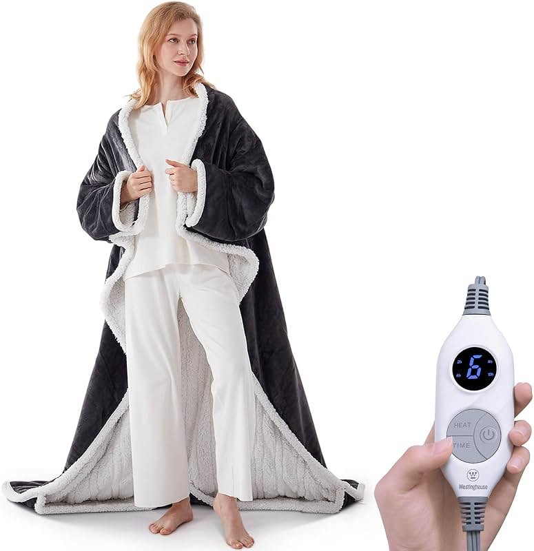 Westinghouse Wearable Heated Blanket Throw, Electric Snuggle Throw Blankets with Foot Pocket and Sleeves, 6 Heating Levels & 2-10 Auto Shut-Off, Gift for Family, Friends, 50 * 70"+18", Grey - Product Image