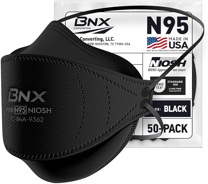 BNX N95 Mask NIOSH Certified MADE IN USA Particulate Respirator Protective Face Mask, Tri-Fold Cup/Fish Style, (50-Pack, Approval Number TC-84A-9362 / Model F95B) Black - Product Image
