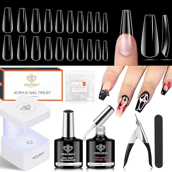 modelones X Nail Gel Kit, Fake Nails Long Coffin, 9-in-One Glue Prep Dehydrator & Portable Mini U V Light Acrylic Clipper, 500Pcs Coffin Tips for Extension Kit DIY Salon Home Gifts for Women - Product Image