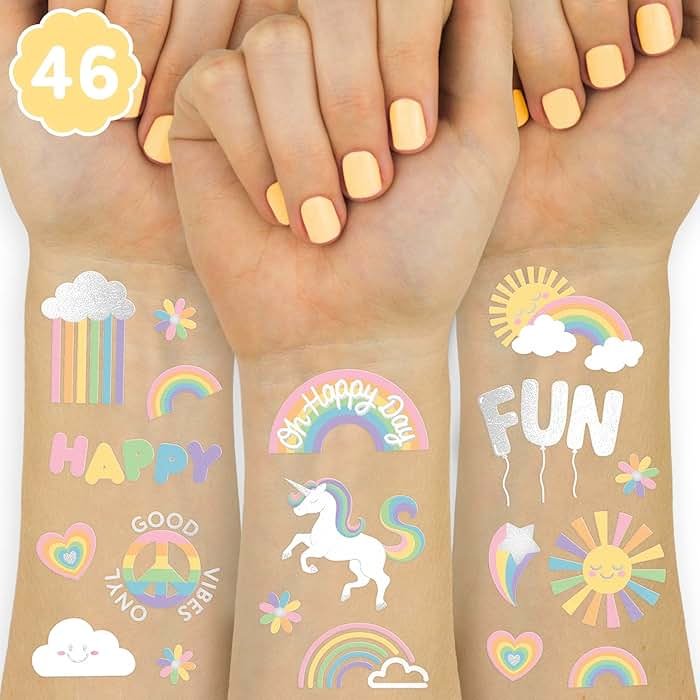 xo, Fetti Rainbow Temporary Tattoos - 46 Glitter Styles | Unicorn Birthday Party Supplies, Oh Happy Day Baby Shower, Magical Party Favors - Product Image